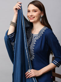 Thumbnail for Kalini Women Navy Blue Floral Embroidered Kurta with Trousers & With Dupatta - Distacart