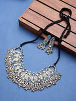 Thumbnail for Cardinal Oxidised Silver-Toned & Blue Stones-Studded & Beaded Jewellery Set - Distacart