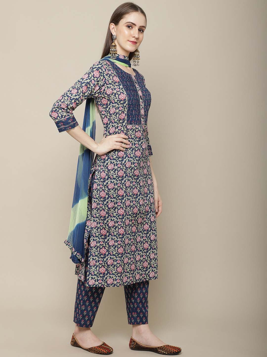 Sangria Women Navy Blue Floral Printed Pure Cotton Kurti with Trousers & With Dupatta - Distacart