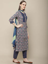 Thumbnail for Sangria Women Navy Blue Floral Printed Pure Cotton Kurti with Trousers & With Dupatta - Distacart