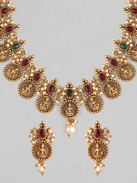 Thumbnail for Rubans 24K Gold-Plated Red & Green Stone-Studded & Beaded Filgree Handcrafted Jewellery Set - Distacart