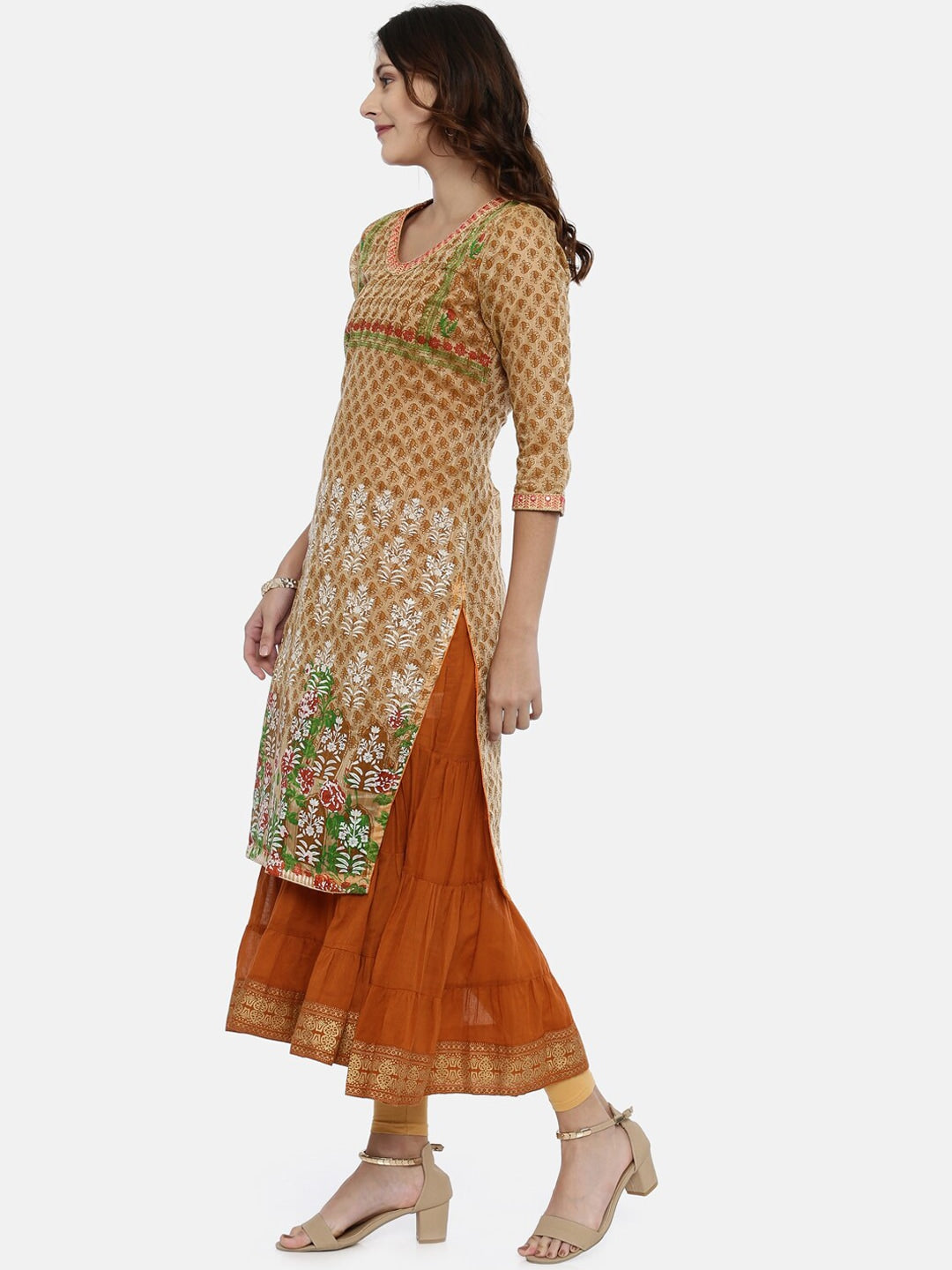 Souchii Beige & White Printed Straight Kurta - Distacart