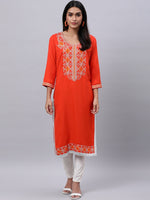 Thumbnail for Souchii Orange Ethnic Motifs Thread Work Grandeur & Majestic Artwork Kurta - Distacart