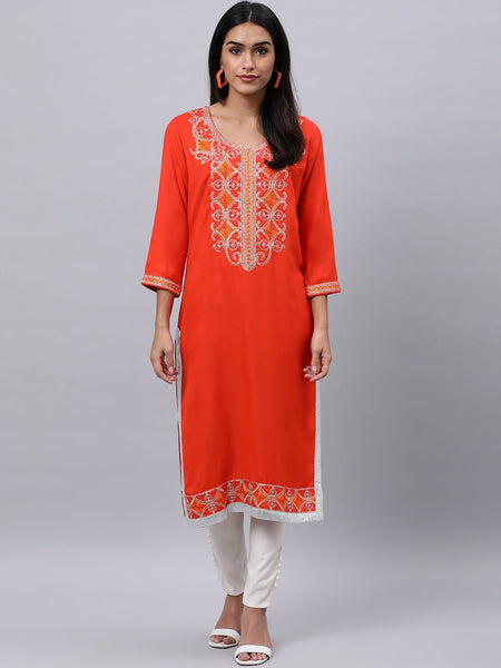 Souchii Orange Ethnic Motifs Thread Work Grandeur & Majestic Artwork Kurta - Distacart