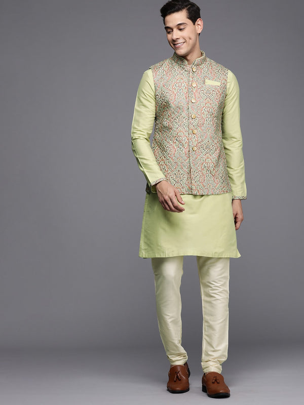 Manyavar Men Green & Off-White Solid Kurta & Churidar with Nehru Jacket - Distacart