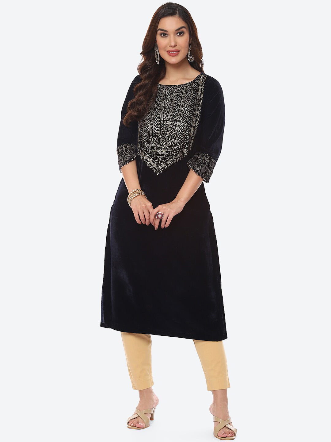 Biba Women Navy Blue Yoke Design Gotta Patti Velvet Straight Fit Kurta - Distacart