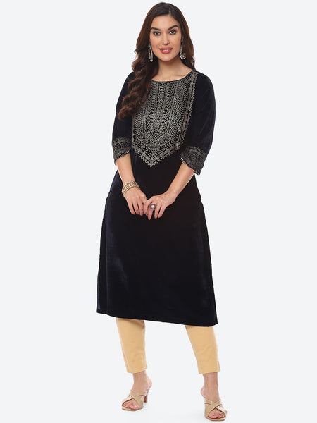 Biba Women Navy Blue Yoke Design Gotta Patti Velvet Straight Fit Kurta - Distacart