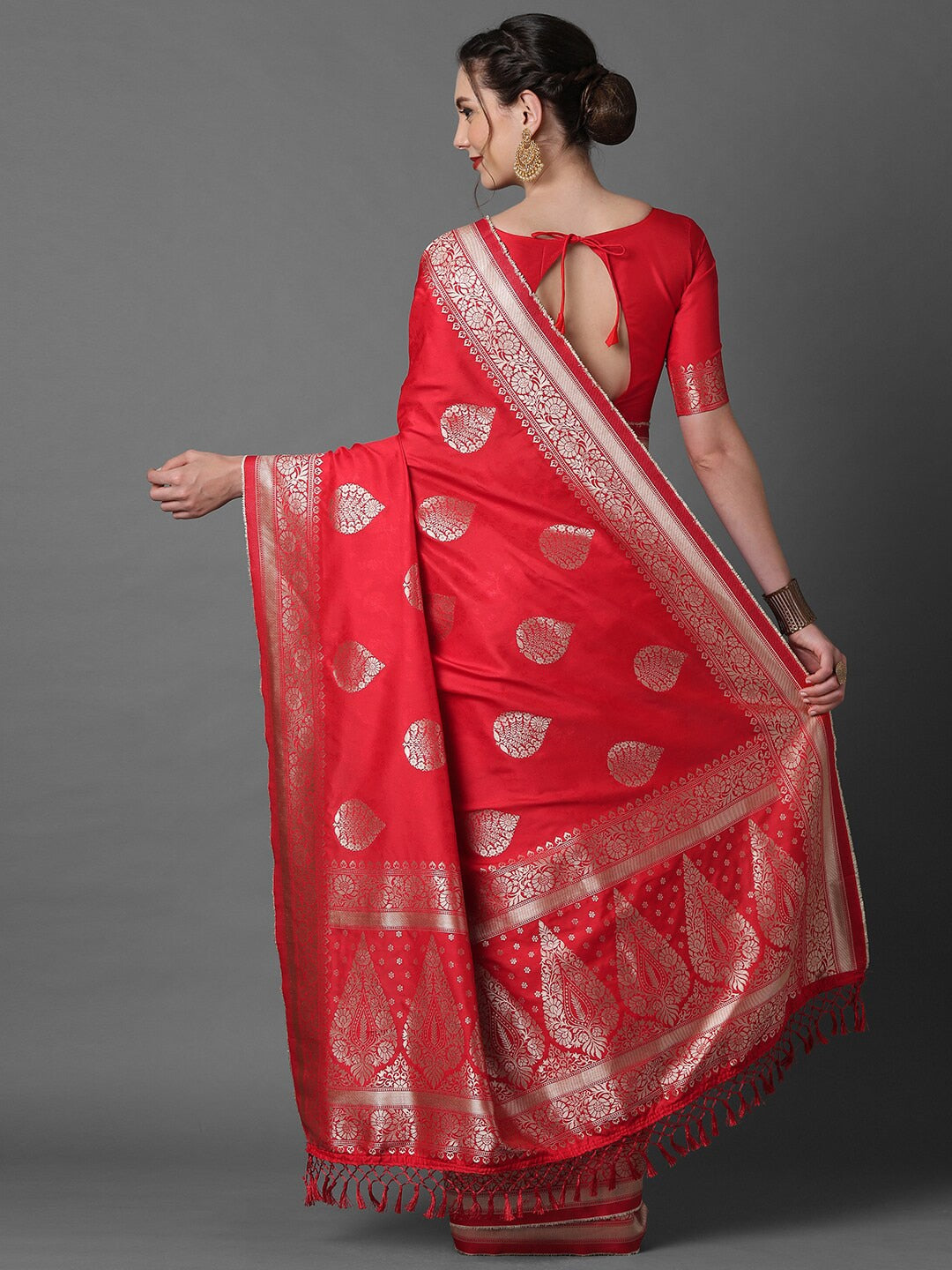 Mitera Red & Silver-Coloured Ethnic Motifs Zari Woven Design Silk Blend Banarasi Saree - Distacart