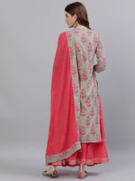 Thumbnail for Ishin Women Green & Pink Printed Kurta with Sharara & Dupatta - Distacart