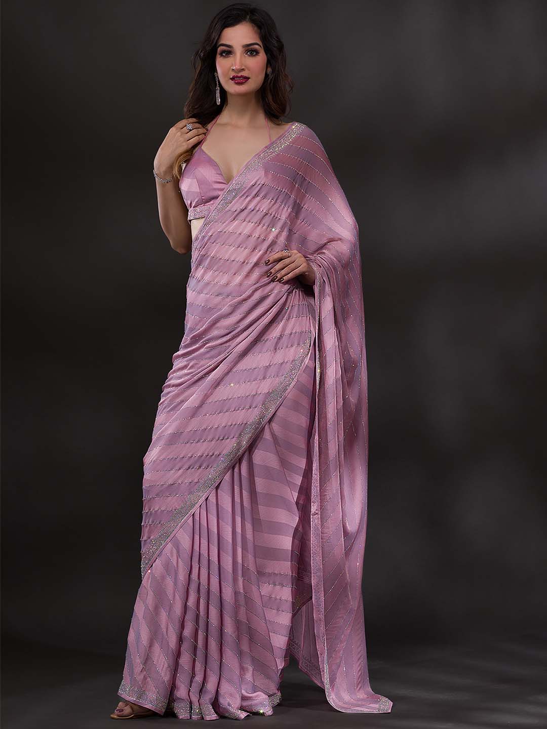 Koskii Lavender Embellished Beads and Stones Poly Crepe Saree - Distacart
