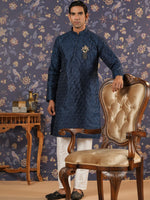 Thumbnail for House of Pataudi Ethnic Motifs Embroidered Mandarin Collar Straight Kurta With Trouser - Distacart