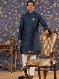 Thumbnail for House of Pataudi Ethnic Motifs Embroidered Mandarin Collar Straight Kurta With Trouser - Distacart