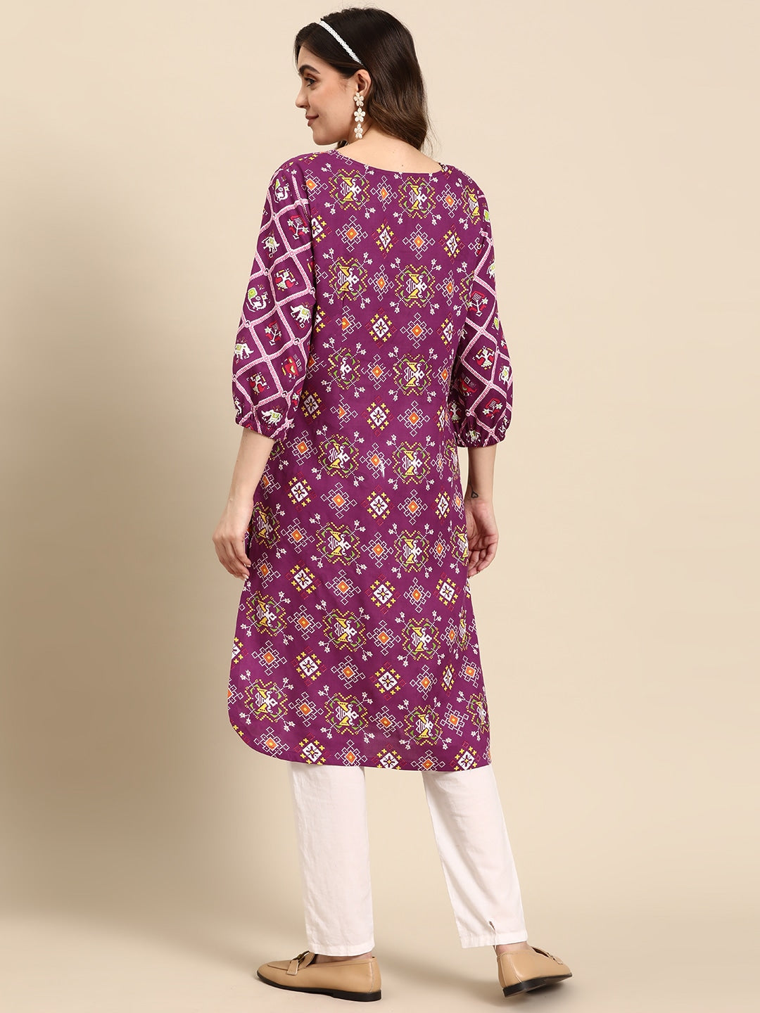 Sangria Ethnic Motifs Printed V-neck Puff Sleeves Kurta - Distacart