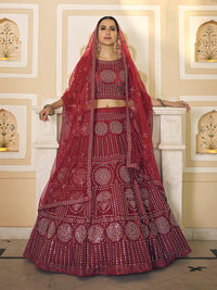 Thumbnail for Myra Maroon Soft Net Embroidered Lehenga - Distacart