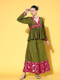 Thumbnail for InWeave Women's Olive Pink Brocade Mughal Shaan Kurta Palazzo Set - Distacart