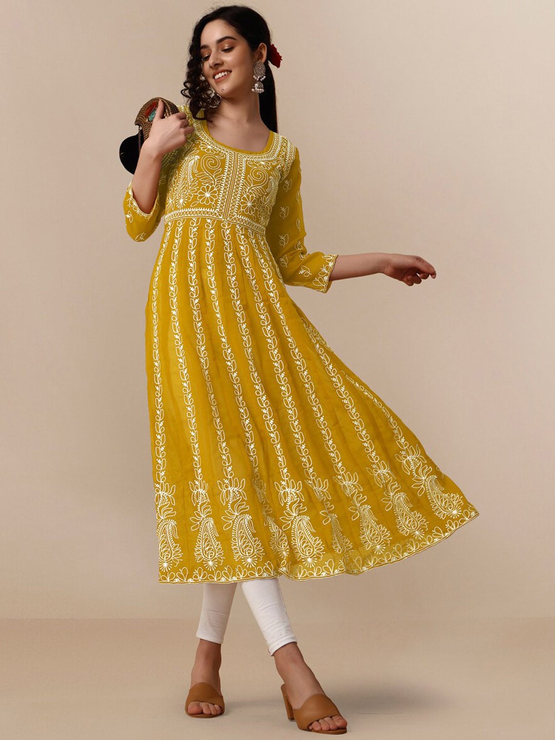 HERE&NOW Ethnic Motifs Embroidered Chikankari Georgette Anarkali Kurta - Distacart