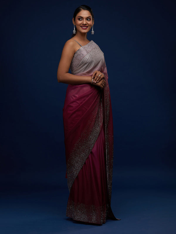 Koskii Maroon & Silver-Toned Ombre Embroidered Tissue Saree - Distacart