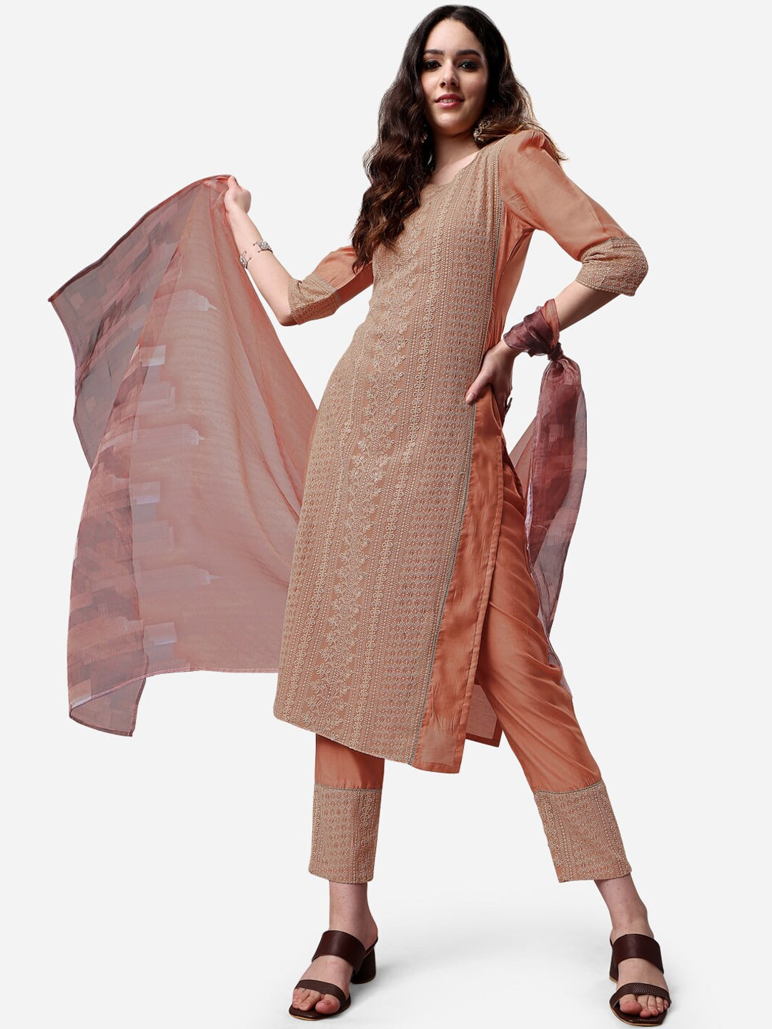 HERE&NOW Lucknowi Chikankari Schiffli Chanderi Silk Kurta Trousers with Organza Dupatta - Distacart