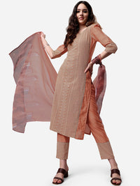 Thumbnail for HERE&NOW Lucknowi Chikankari Schiffli Chanderi Silk Kurta Trousers with Organza Dupatta - Distacart