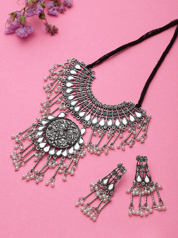 Cardinal Silver-Toned Mirror Studded & Beaded Oxidised Choker Jewellery Set - Distacart