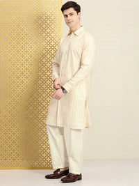 Thumbnail for House of Pataudi Men Jashn Embroidered Sequinned Pure Cotton Kurta with Trousers - Distacart