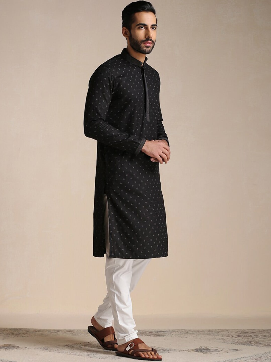 Manyavar Men Floral Printed Mandarin Collar Kurta with Pyjamas - Distacart