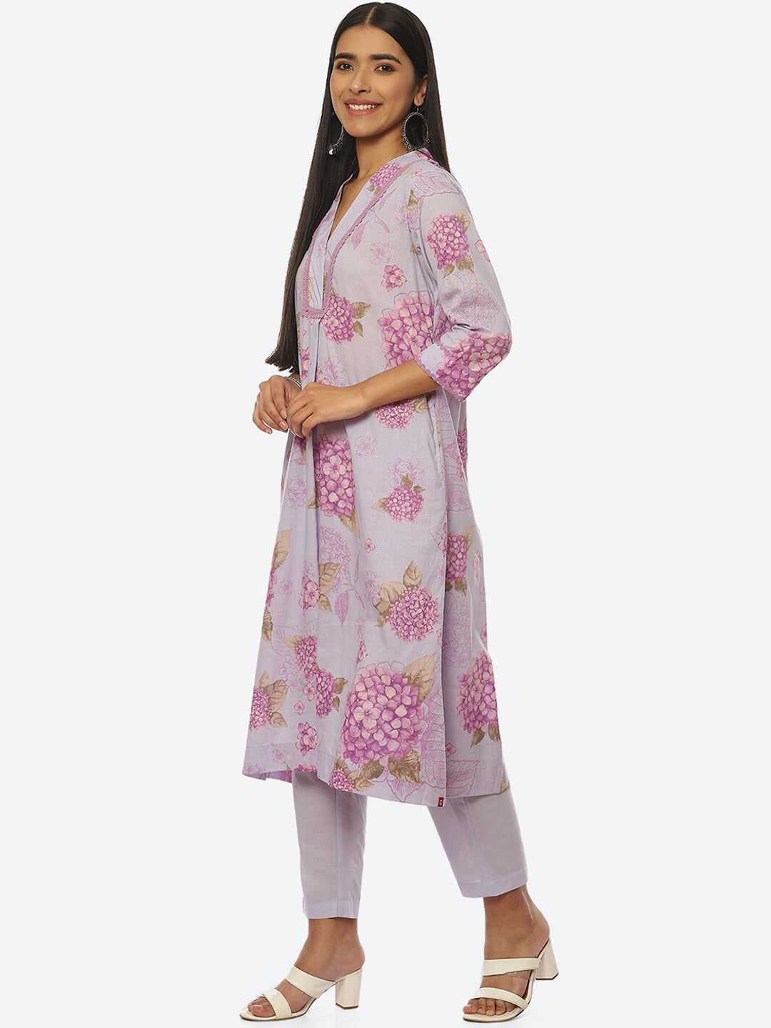 Biba Women Floral Printed Shawl Collar Kurta with Trousers - Distacart