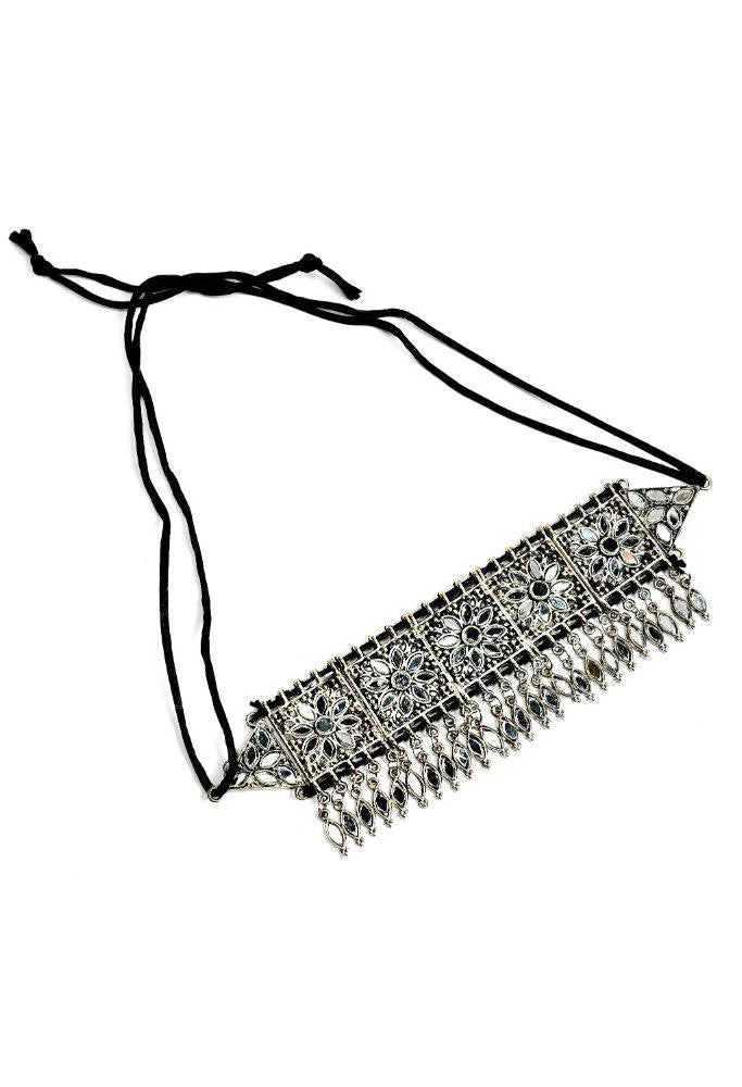 Tehzeeb Creations Oxidised Necklace And Earrings With Mirror Design