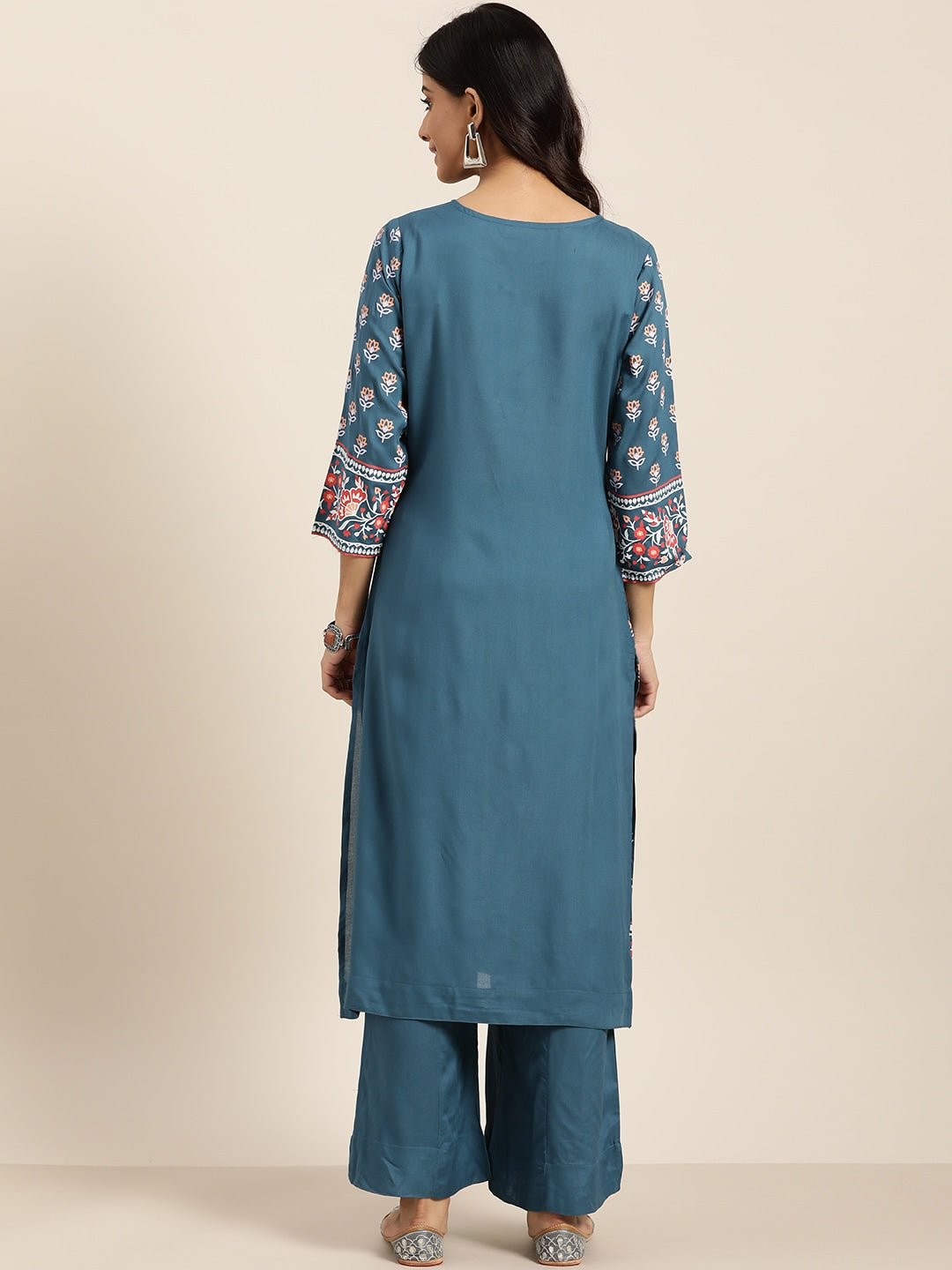 Sangria Women Teal Blue & White Printed Kurta with Palazzos - Distacart