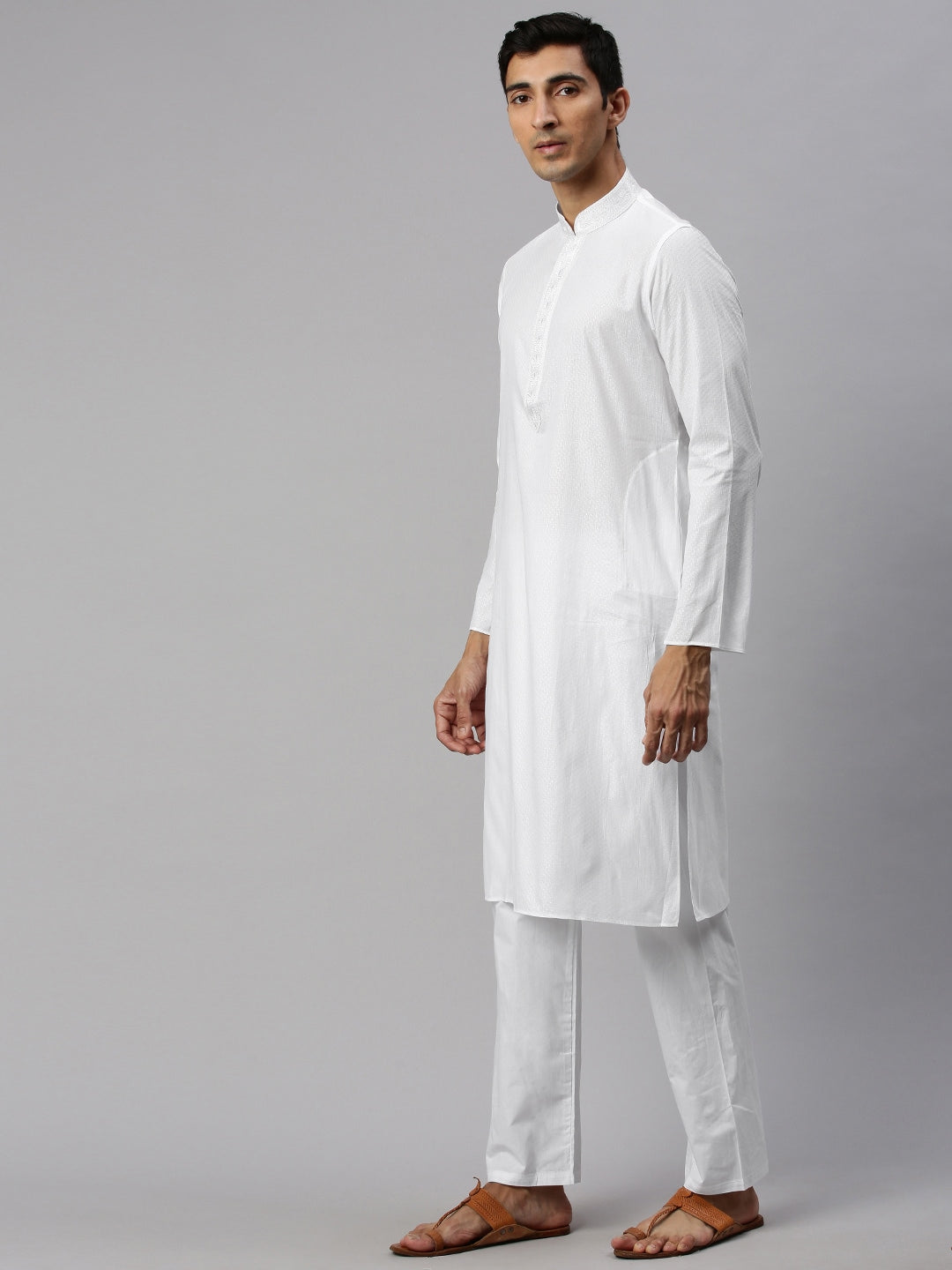 Manyavar Men White Self Design Kurta with Pyjamas - Distacart