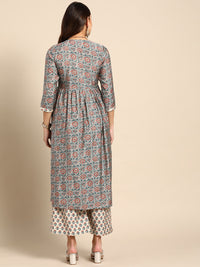 Thumbnail for Sangria Women Grey Floral Printed Empire Kurta with Trousers - Distacart