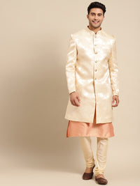 Thumbnail for KISAH Men Beige & Orange Woven-Design Sherwani Set - Distacart