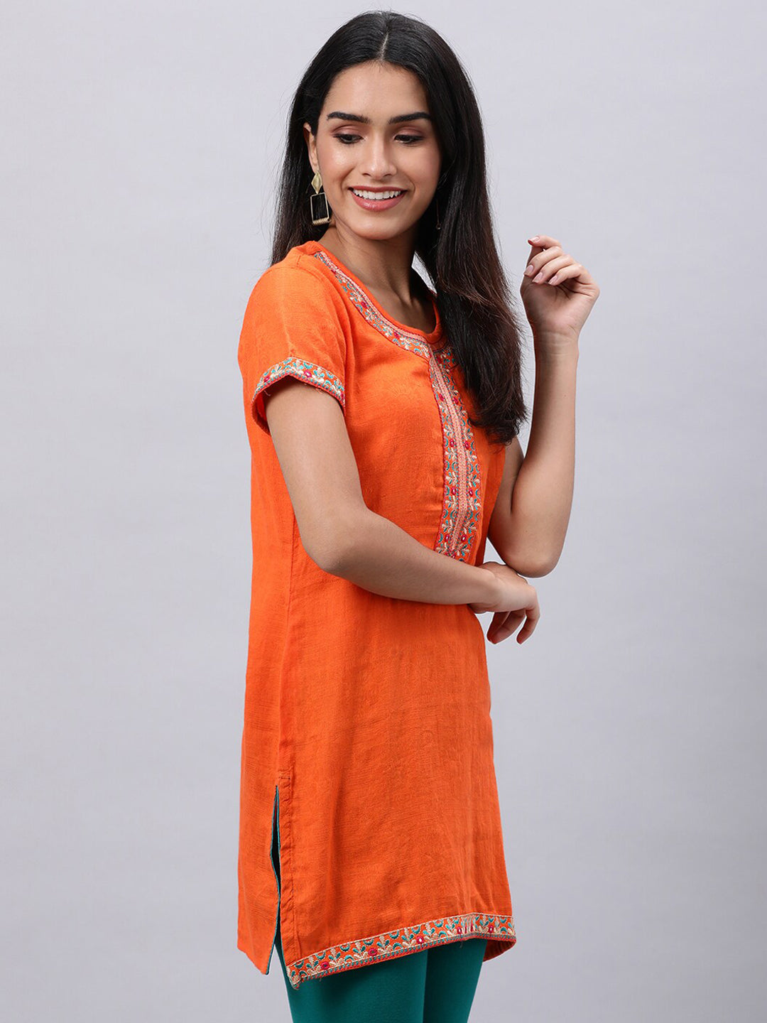 Souchii Orange Floral Embroidered Mirror Work Mirror Work Kurti - Distacart