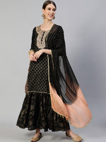 Thumbnail for Ishin Women Black Floral Embroidered Regular Kurta with Sharara & With Dupatta - Distacart