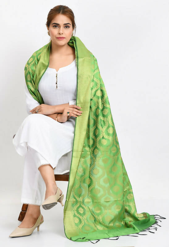 Mominos Fashion Moeza Women's Banarsi Silk All Over Woven Design Parrot Green Dupatta - Distacart