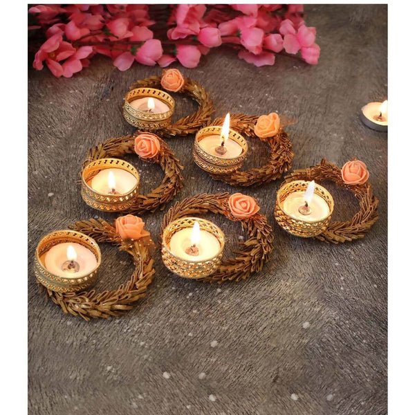 Tied Ribbons Set Of 6 Multicoloured Decoartive Artificial Flower Tealight Candle Holder - Distacart