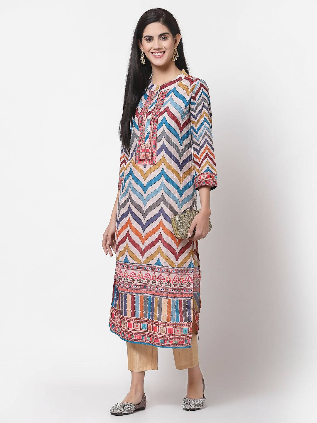 Myshka Multi Silk Printed 3/4 Sleeve Round Neck Casual Kurta