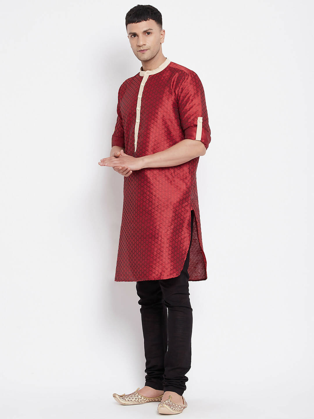 Even Apparels Red Art Silk Men's Kurta With Contrast Collar And Placket - Distacart