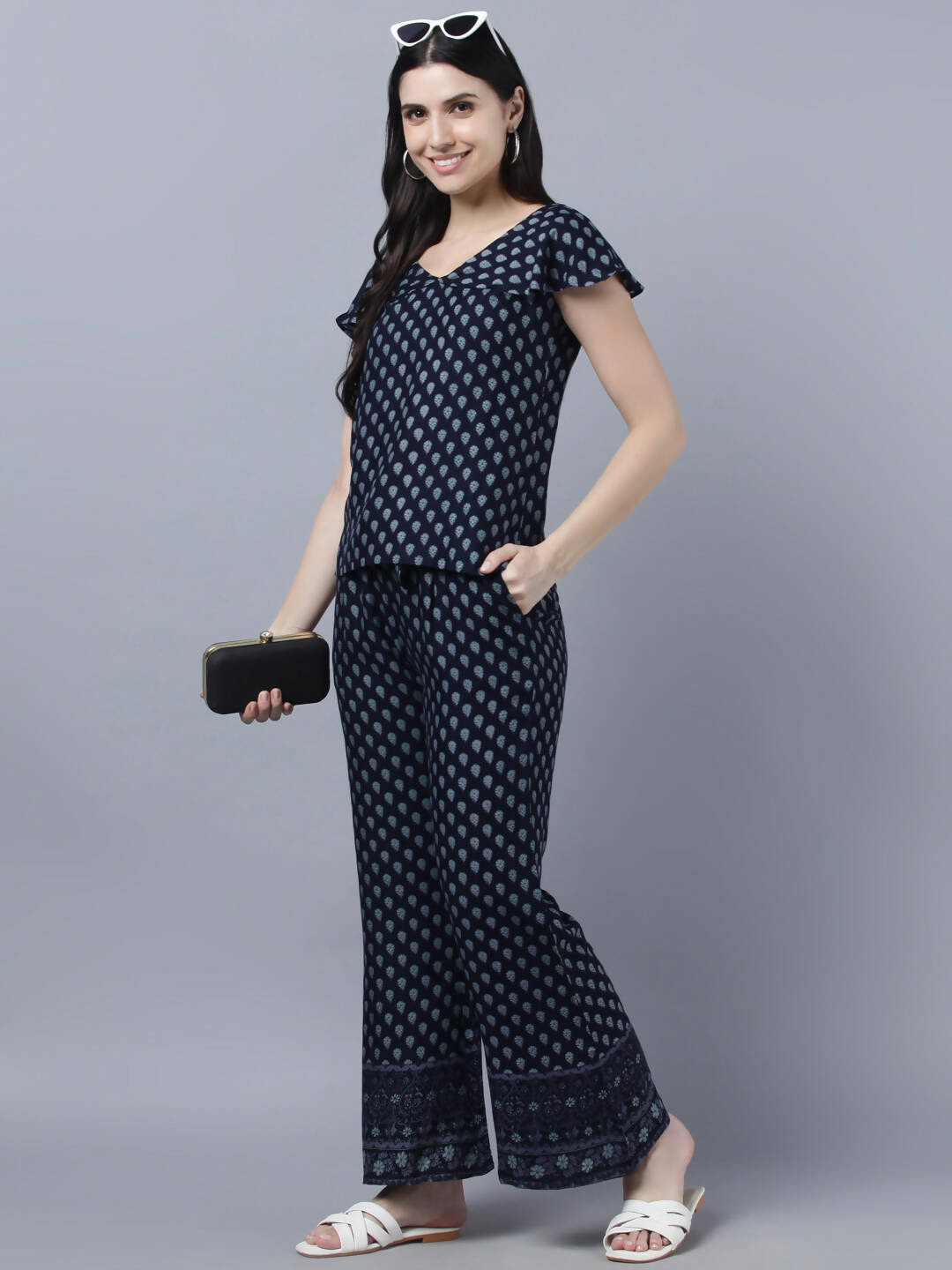 Myshka Women Navy Blue Ethnic Motifs Printed Pure Cotton Top with Palazzos - Distacart