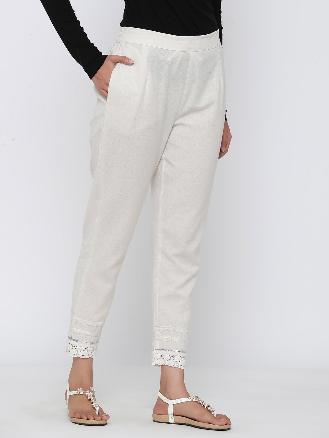 Juniper Women Offwhite Cotton Flex Solid Slim Fit Pant/Slim Pant - Distacart