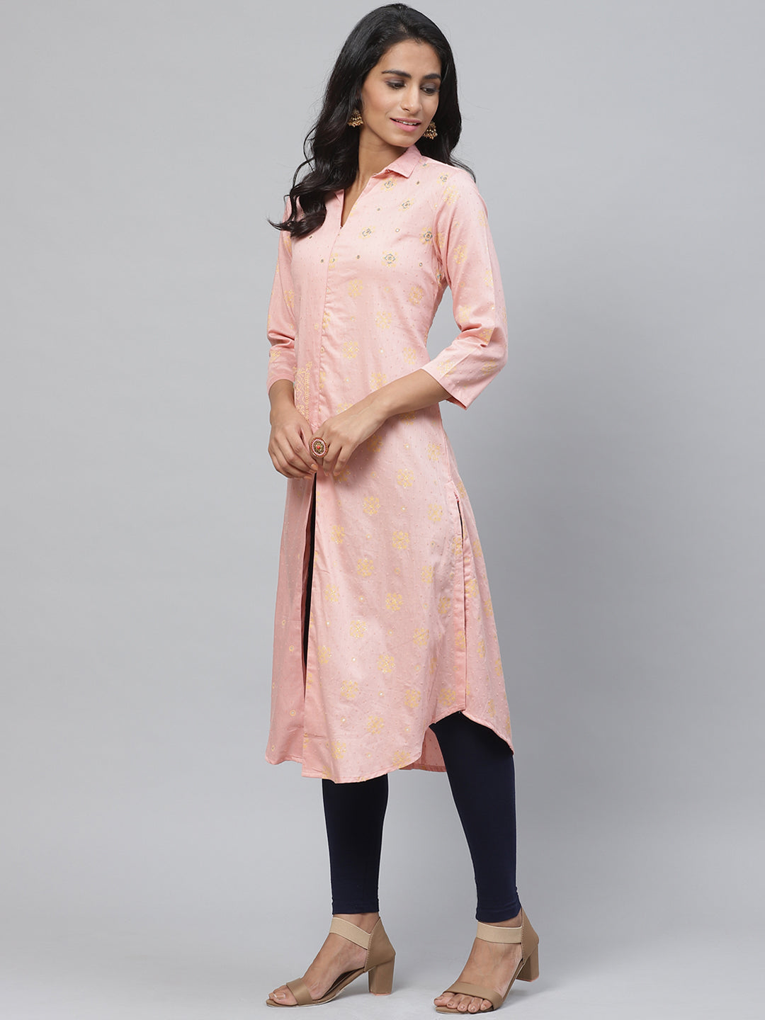 Biba Women Peach-Coloured & Mustard Yellow Mirror Work Printed A-Line Kurta - Distacart