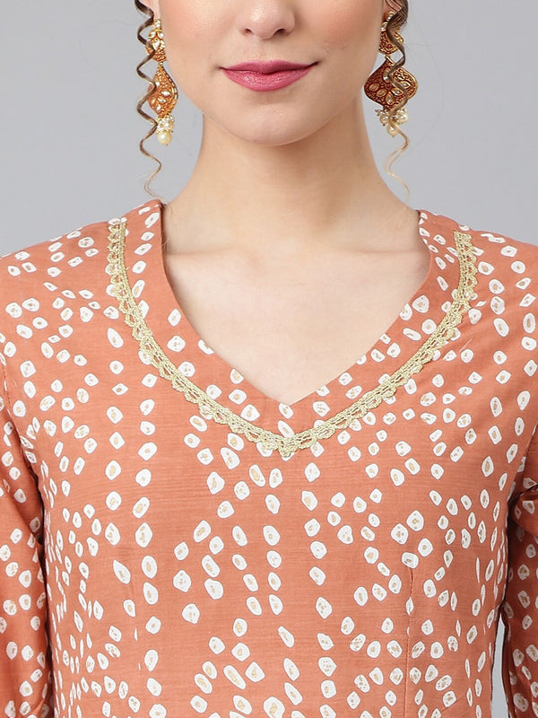 Khushal K Women Brown Ethnic Motifs Printed Panelled Pure Cotton Kurta with Palazzos & With Dupatta - Distacart