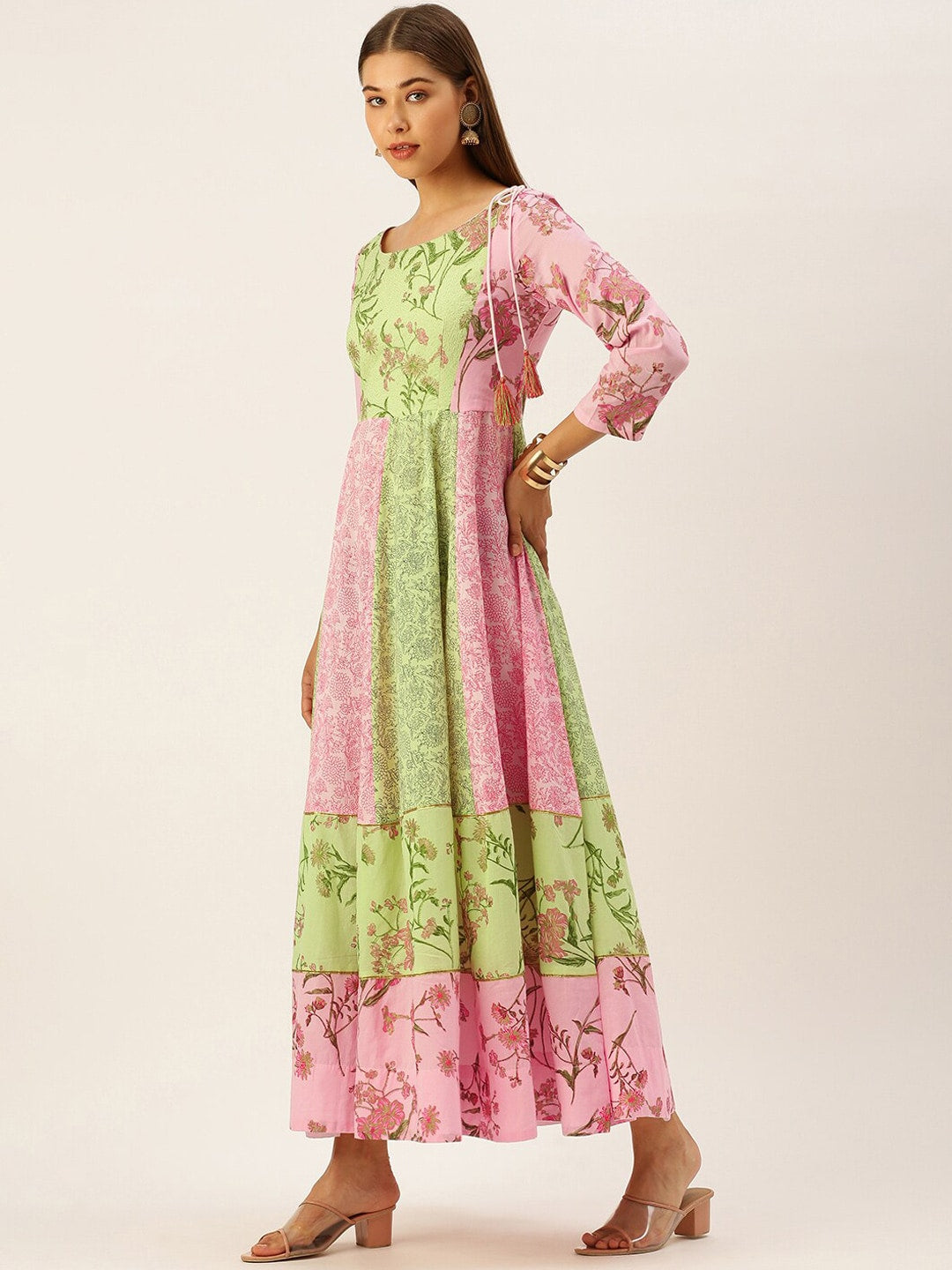 HERE&NOW Women Green & Pink Floral Printed Anarkali Cotton Kurta With Dupatta - Distacart