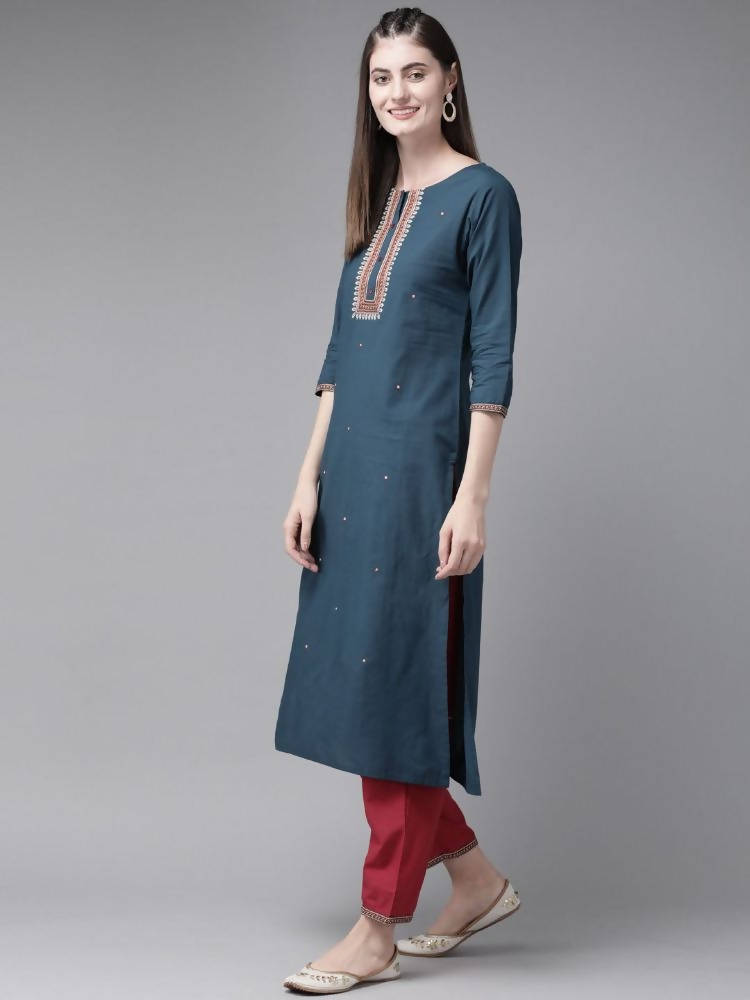 Yufta Navy Blue and Maroon Embroidered Kurta Palazzo Set