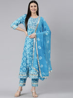 Thumbnail for Kalini Floral Printed Mirror Work Regular Kurta With Trousers & Dupatta - Distacart