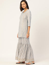 Thumbnail for HERE&NOW Women Grey Floral Printed Panelled Gotta Patti Pure Cotton Kurti with Sharara With Dupatta - Distacart