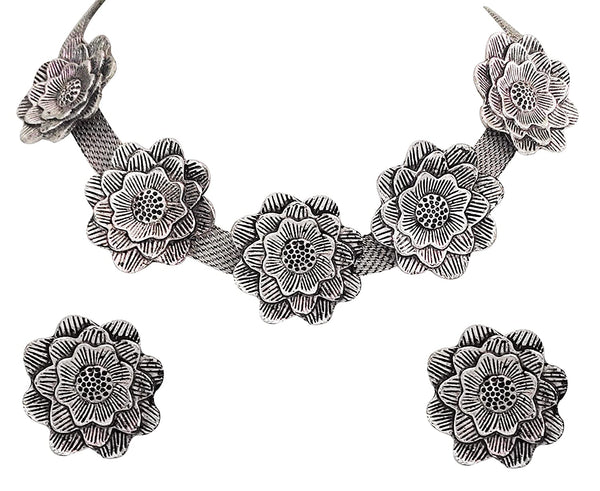 Silver-Plated Alloy Oxidised Rose Shape Necklace - The Pari - Distacart