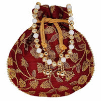 Thumbnail for Ethnic Silk Potli bag Clutch Batwa Pouch with Embroidery and Metal Bead work Gift For Women - Distacart