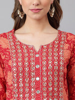 Thumbnail for Khushal K Women Orange Floral Printed Mirror Work Kurta With Trousers & Dupatta - Distacart