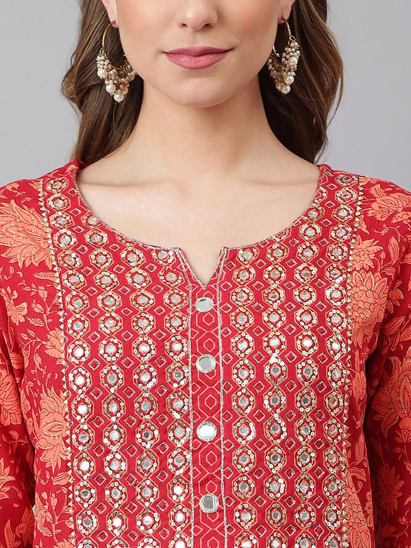 Khushal K Women Orange Floral Printed Mirror Work Kurta With Trousers & Dupatta - Distacart